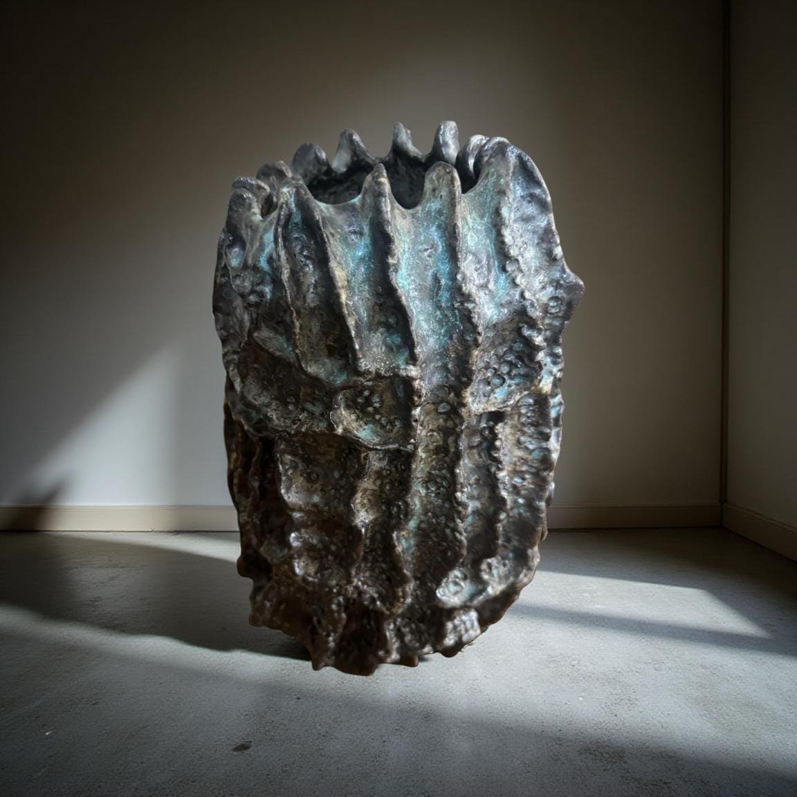 Hand-Built Art Ceramic Lava Bloom – Textured Ceramic Sculpture with Iridescent Blue Highlights