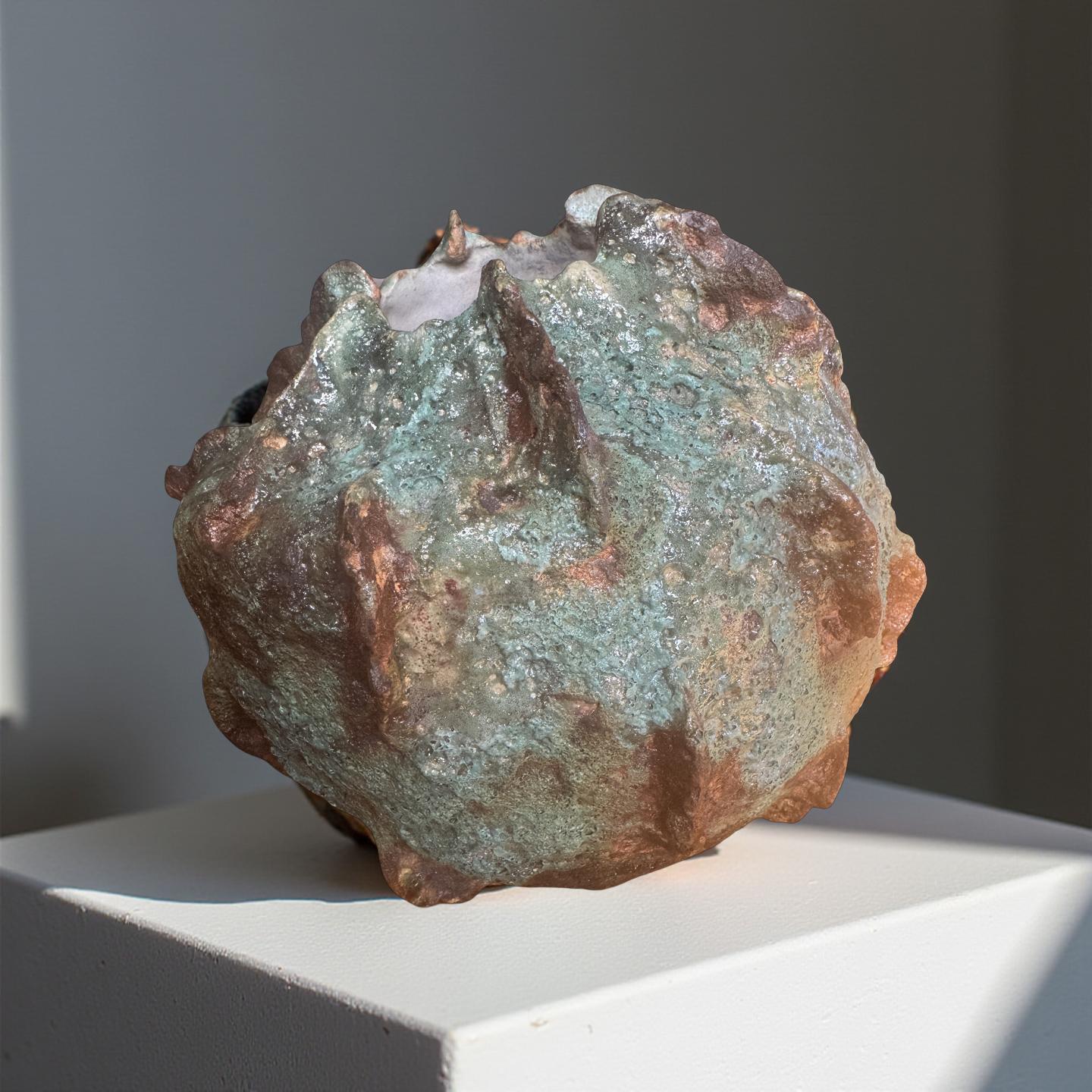 Handmade Textured Ceramic Sculpture, Volcanic Crater Surface, Turquoise Copper Patina Art Vessel