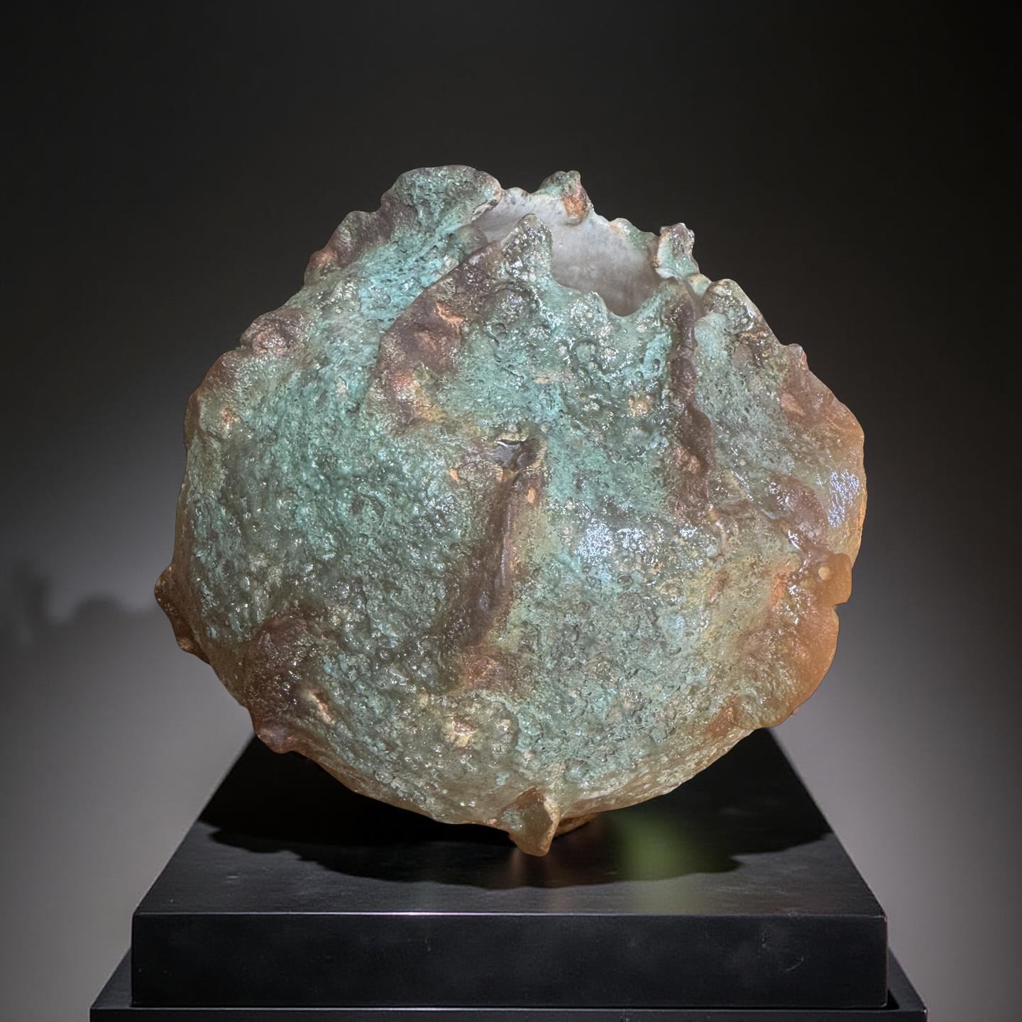 Handmade Textured Ceramic Sculpture, Volcanic Crater Surface, Turquoise Copper Patina Art Vessel