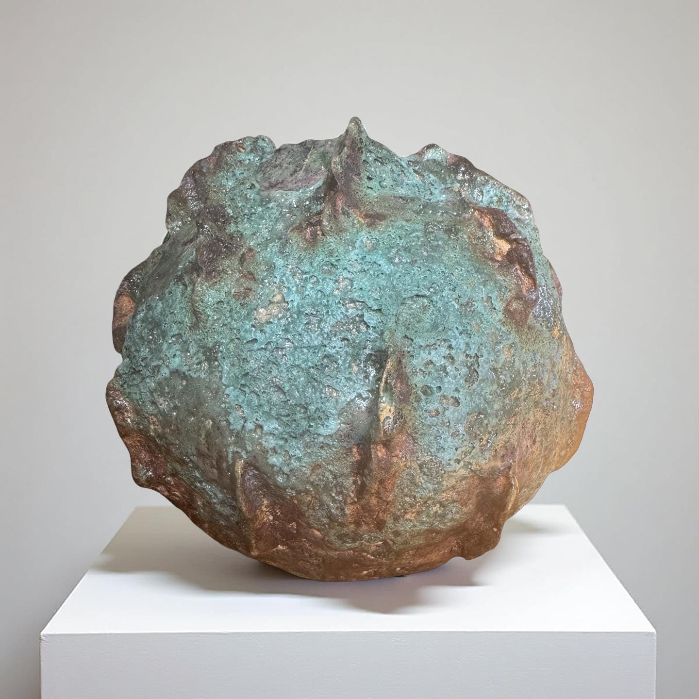 Handmade Textured Ceramic Sculpture, Volcanic Crater Surface, Turquoise Copper Patina Art Vessel