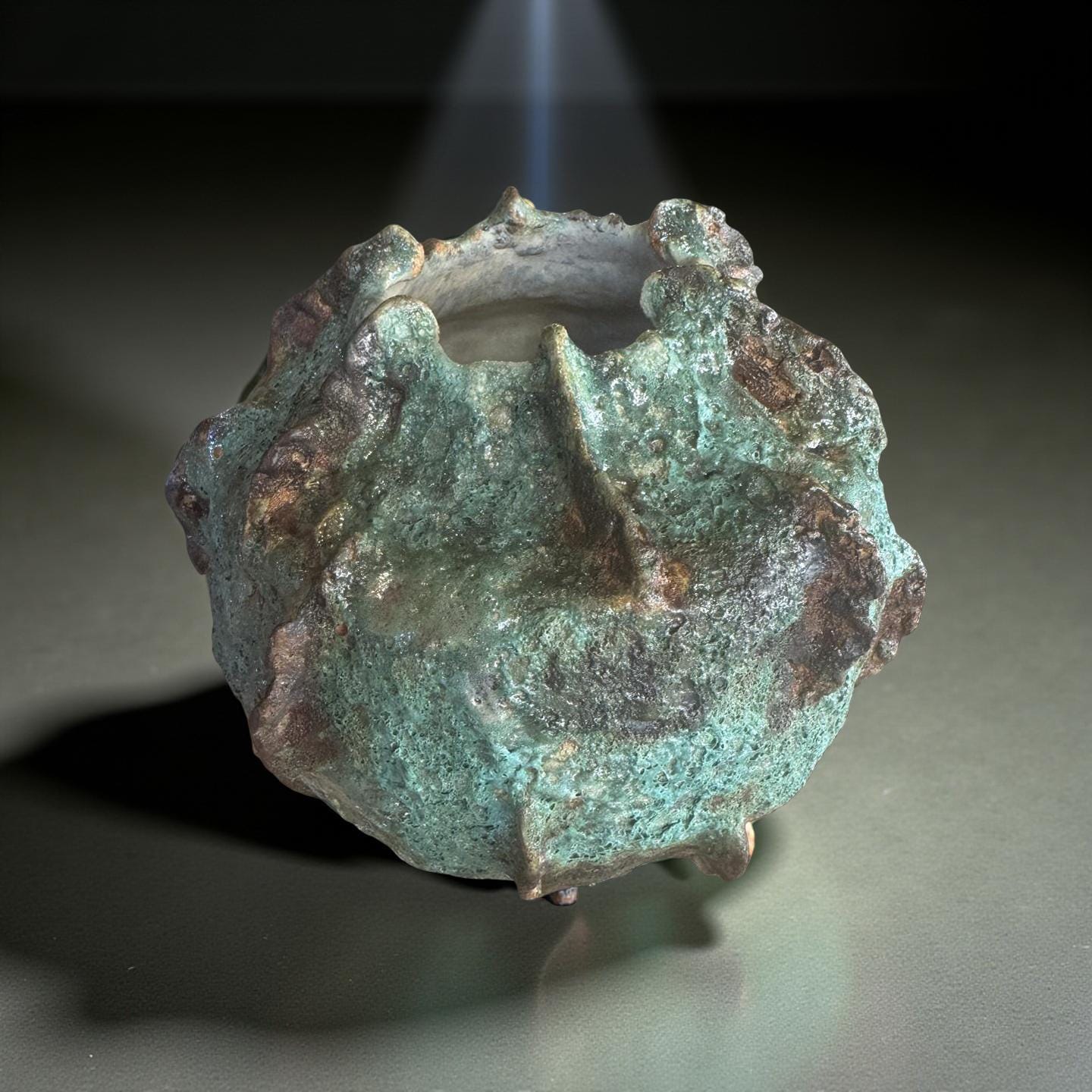 Handmade Textured Ceramic Sculpture, Volcanic Crater Surface, Turquoise Copper Patina Art Vessel