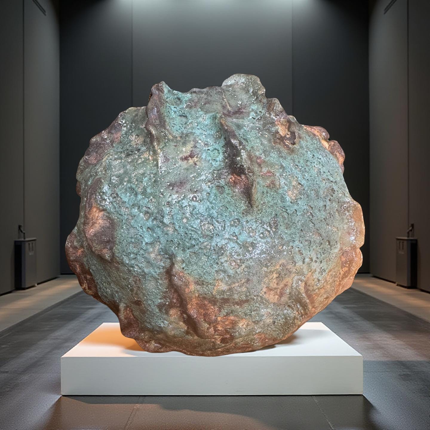 Handmade Textured Ceramic Sculpture, Volcanic Crater Surface, Turquoise Copper Patina Art Vessel