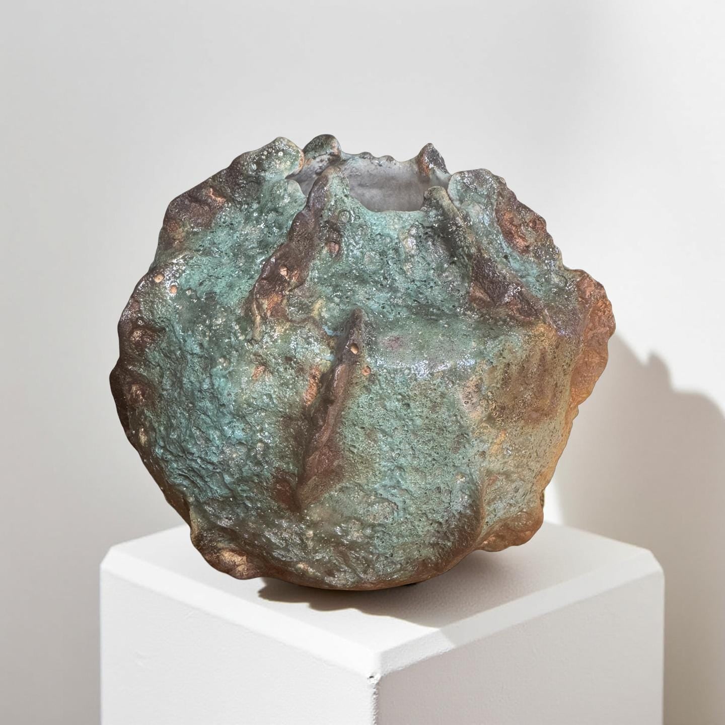 Handmade Textured Ceramic Sculpture, Volcanic Crater Surface, Turquoise Copper Patina Art Vessel