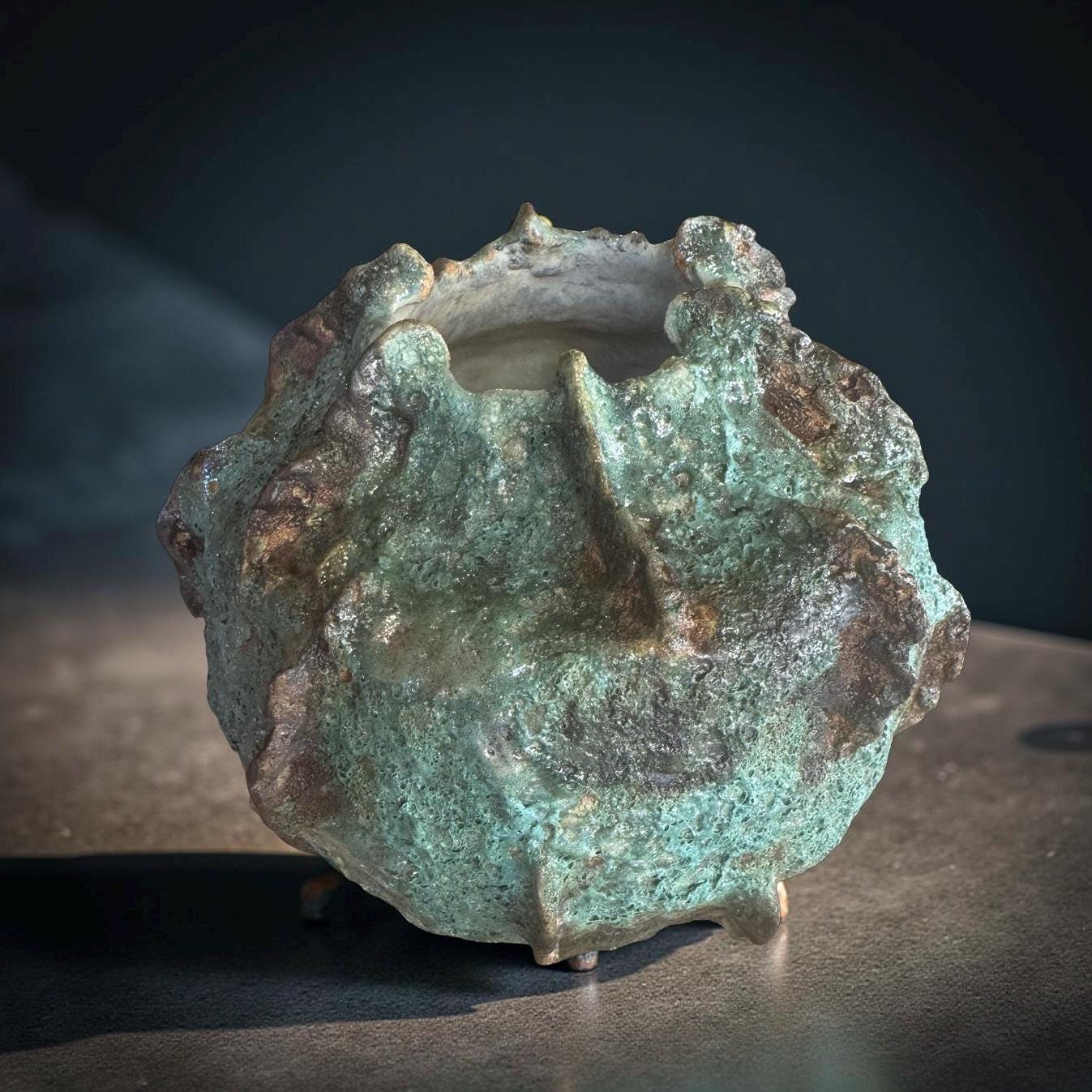Handmade Textured Ceramic Sculpture, Volcanic Crater Surface, Turquoise Copper Patina Art Vessel