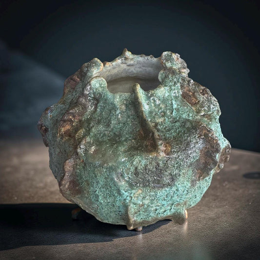Handmade Textured Ceramic Sculpture, Volcanic Crater Surface, Turquoise Copper Patina Art Vessel