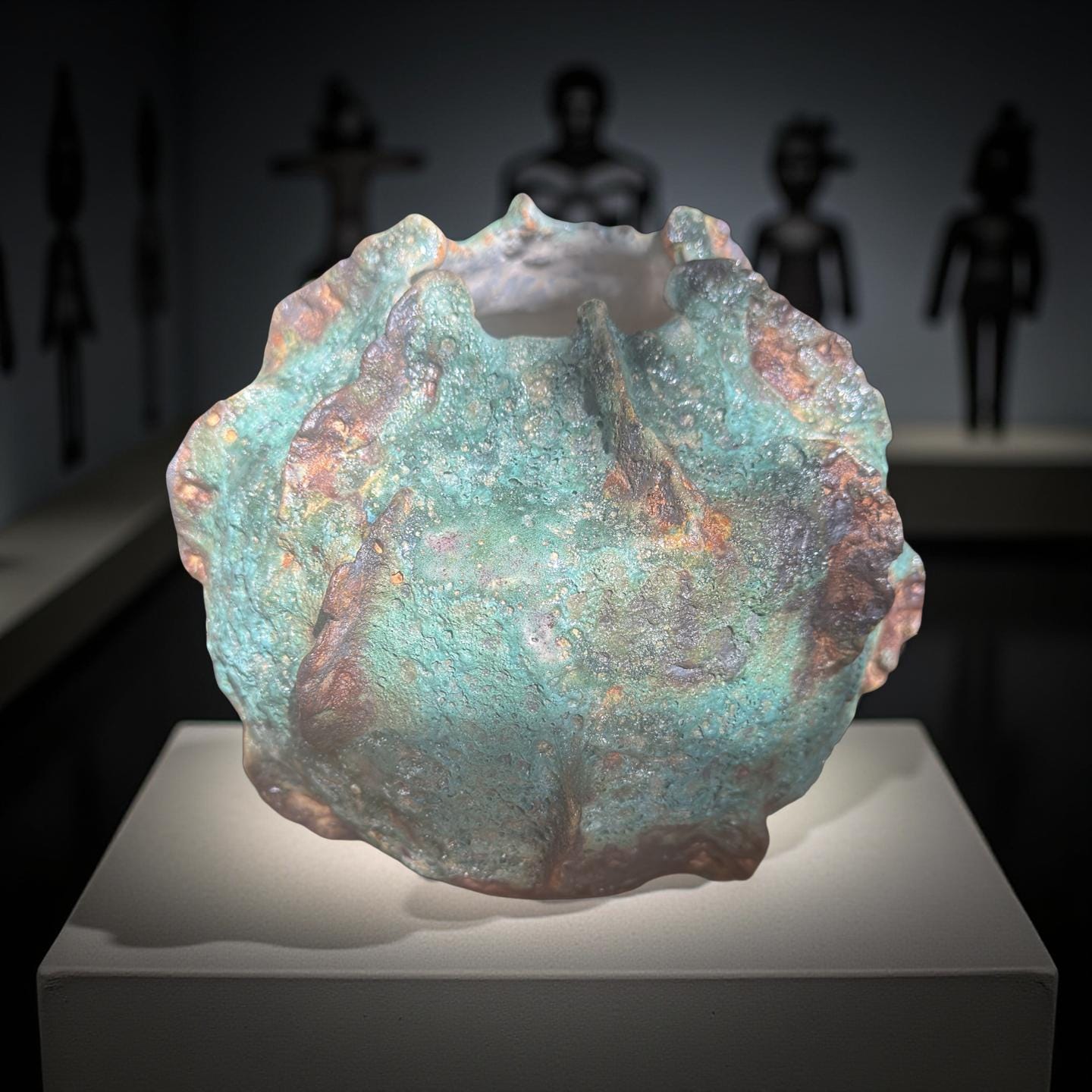 Handmade Textured Ceramic Sculpture, Volcanic Crater Surface, Turquoise Copper Patina Art Vessel
