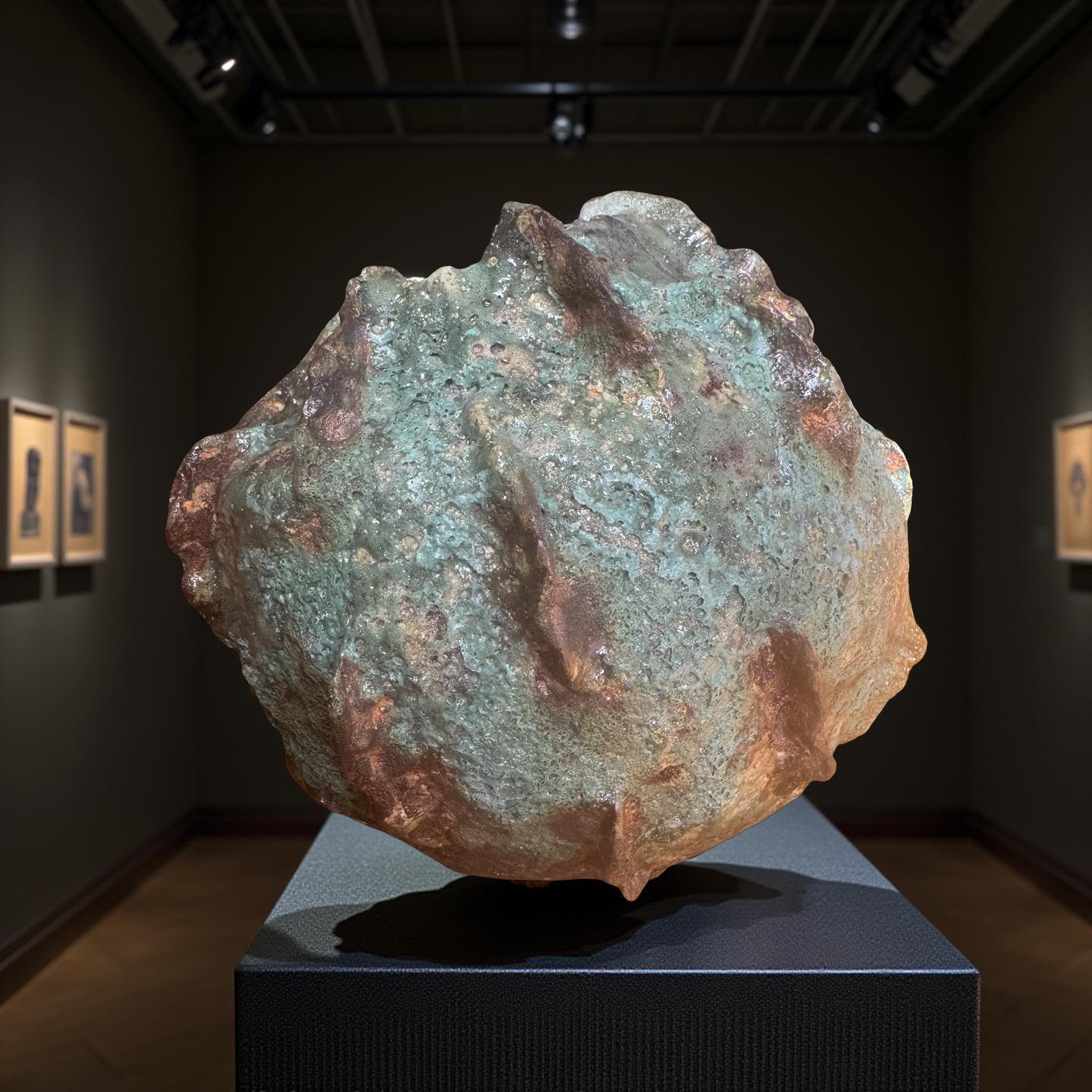 Handmade Textured Ceramic Sculpture, Volcanic Crater Surface, Turquoise Copper Patina Art Vessel