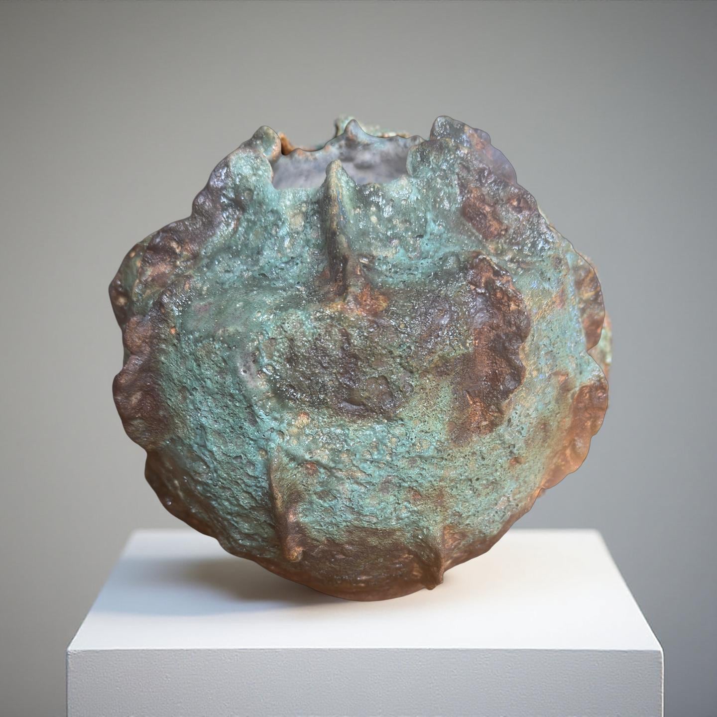 Handmade Textured Ceramic Sculpture, Volcanic Crater Surface, Turquoise Copper Patina Art Vessel