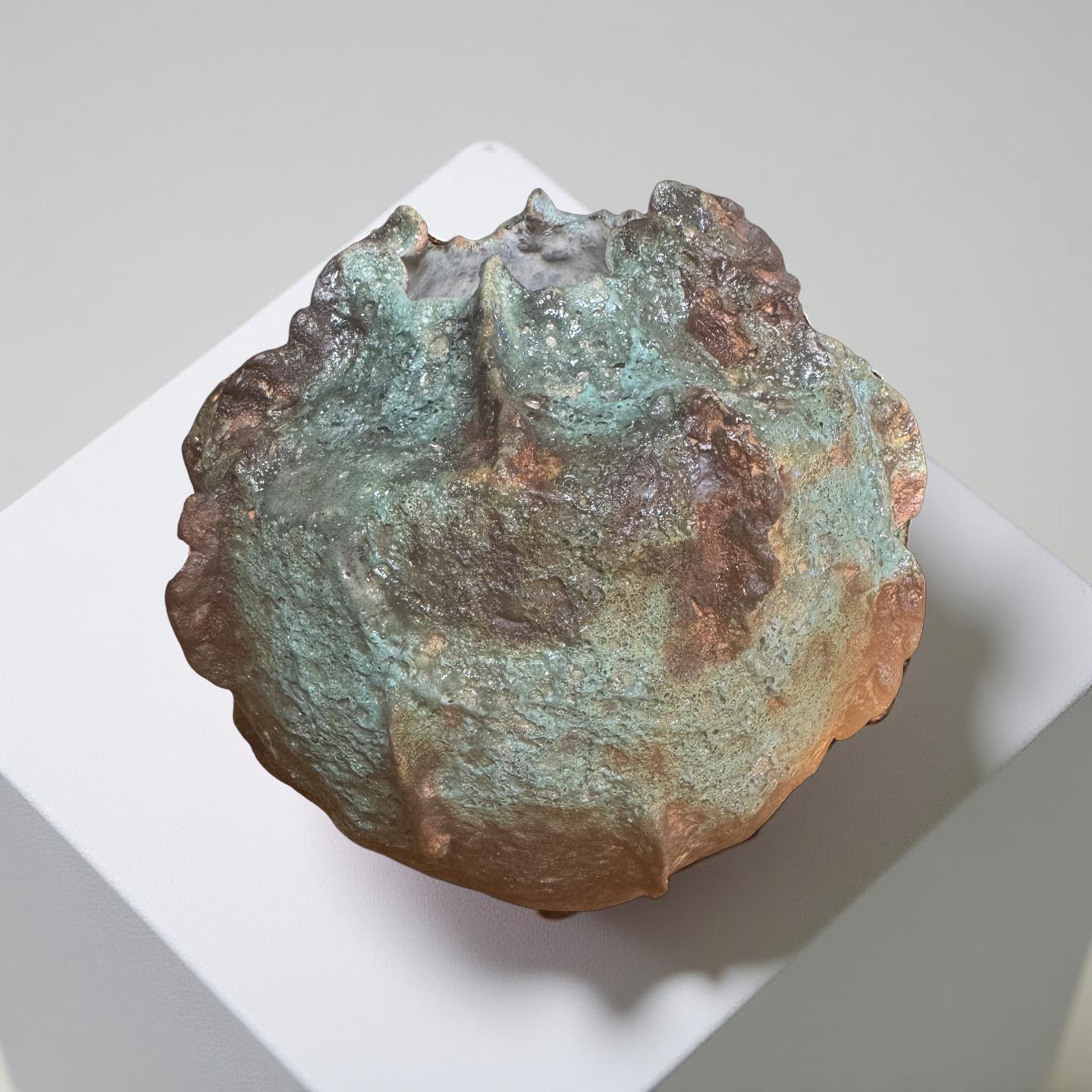 Handmade Textured Ceramic Sculpture, Volcanic Crater Surface, Turquoise Copper Patina Art Vessel