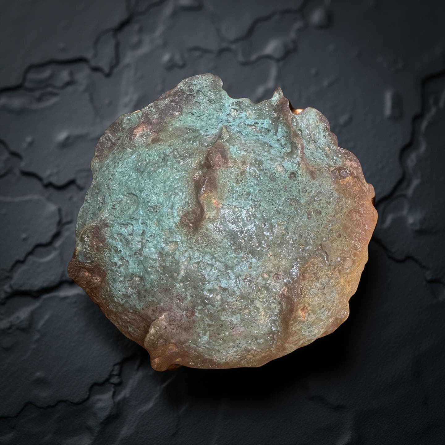 Handmade Textured Ceramic Sculpture, Volcanic Crater Surface, Turquoise Copper Patina Art Vessel