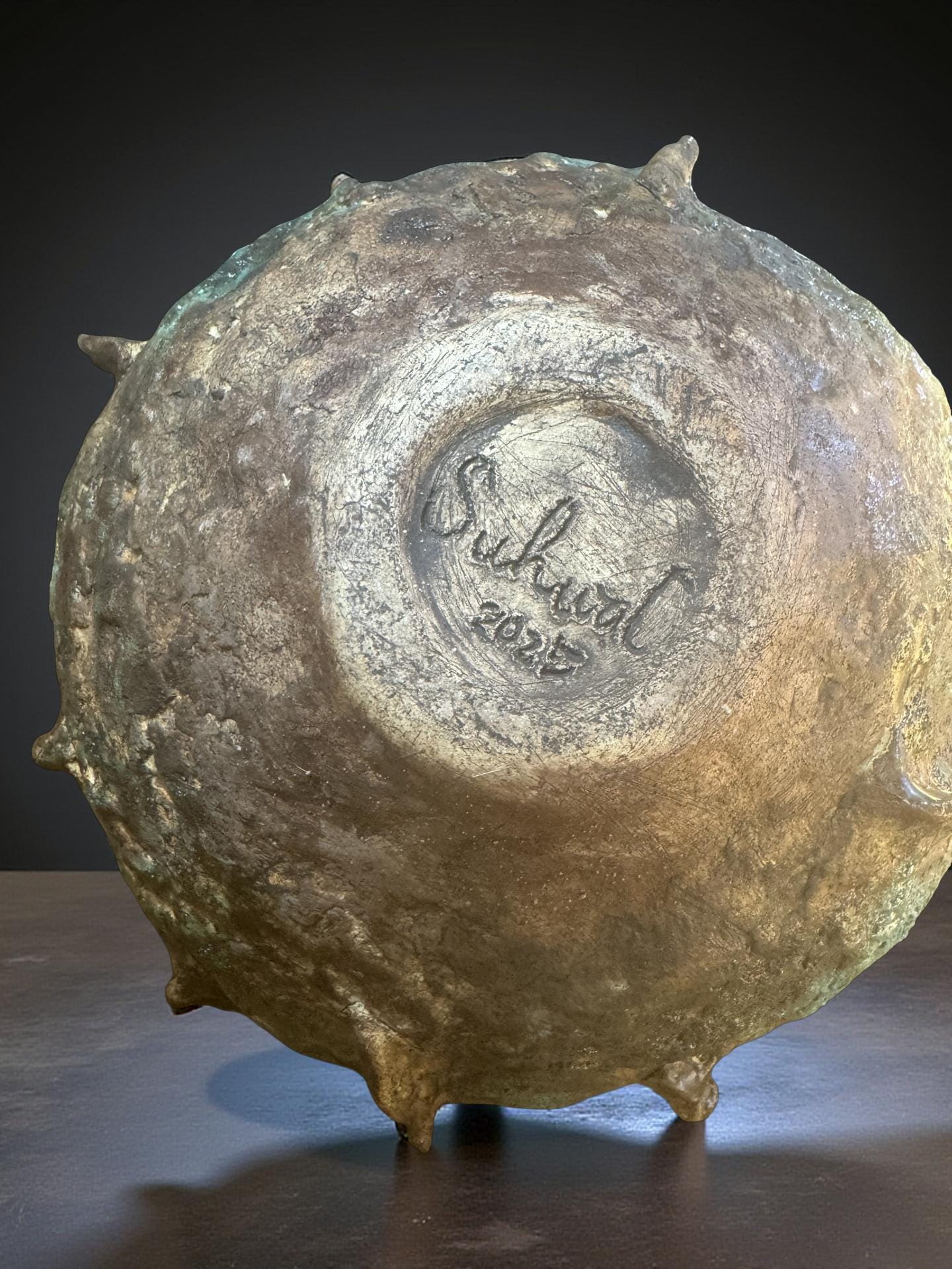 Handmade Textured Ceramic Sculpture, Volcanic Crater Surface, Turquoise Copper Patina Art Vessel
