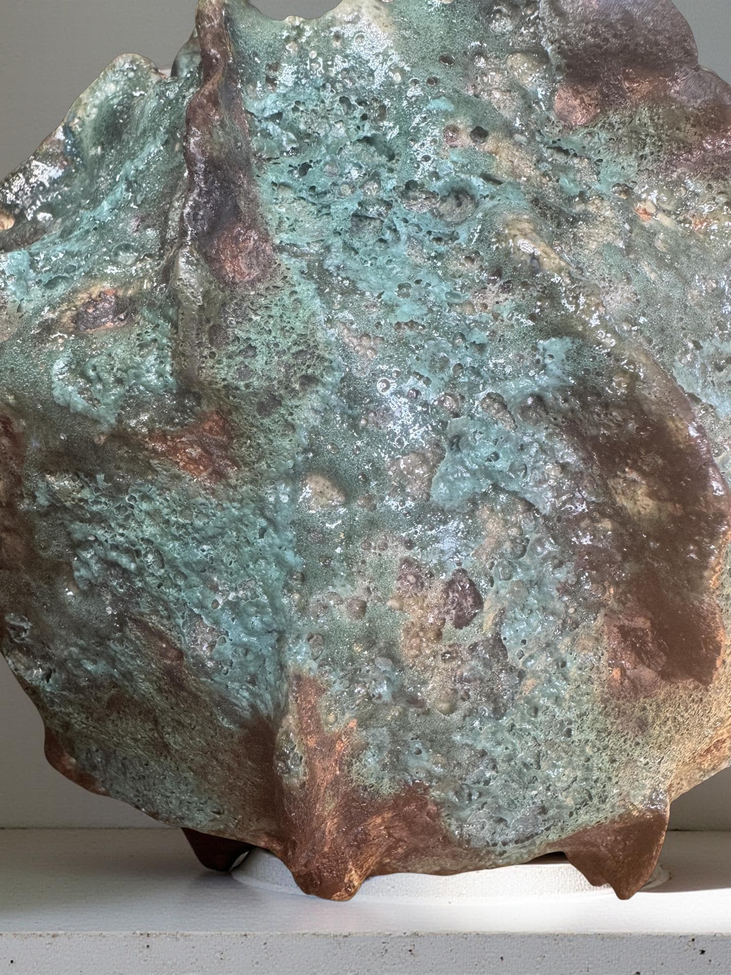 Handmade Textured Ceramic Sculpture, Volcanic Crater Surface, Turquoise Copper Patina Art Vessel