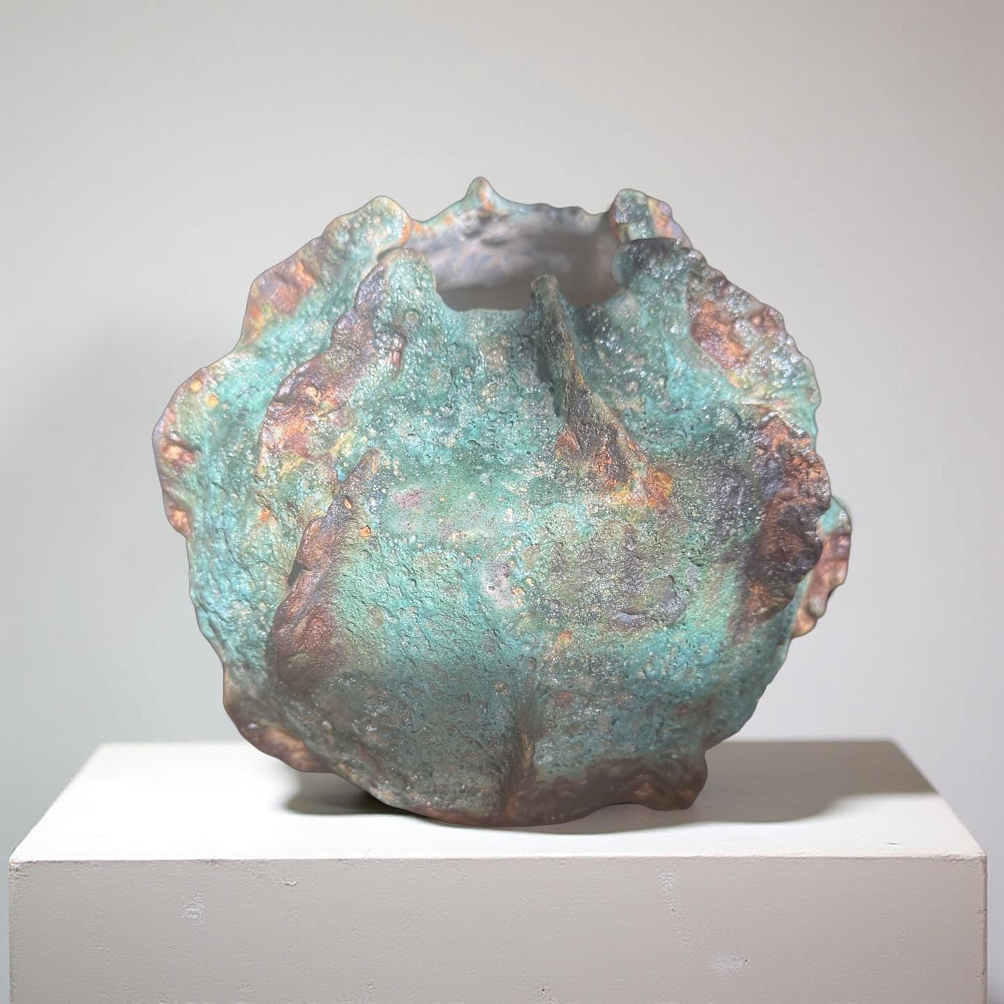 Handmade Textured Ceramic Sculpture, Volcanic Crater Surface, Turquoise Copper Patina Art Vessel
