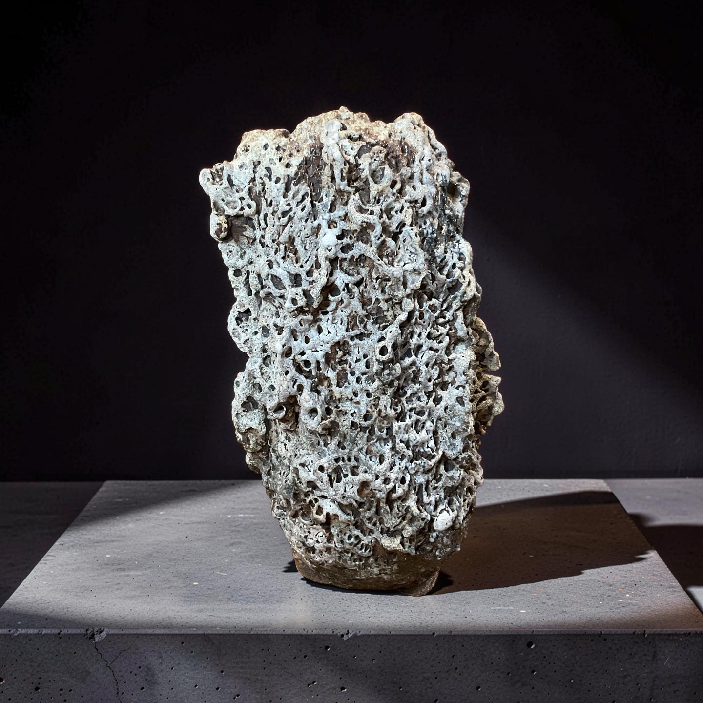 Handbuilt Ceramic Sculpture – Textured Earth Tones, Organic Form,White Lava Glaze