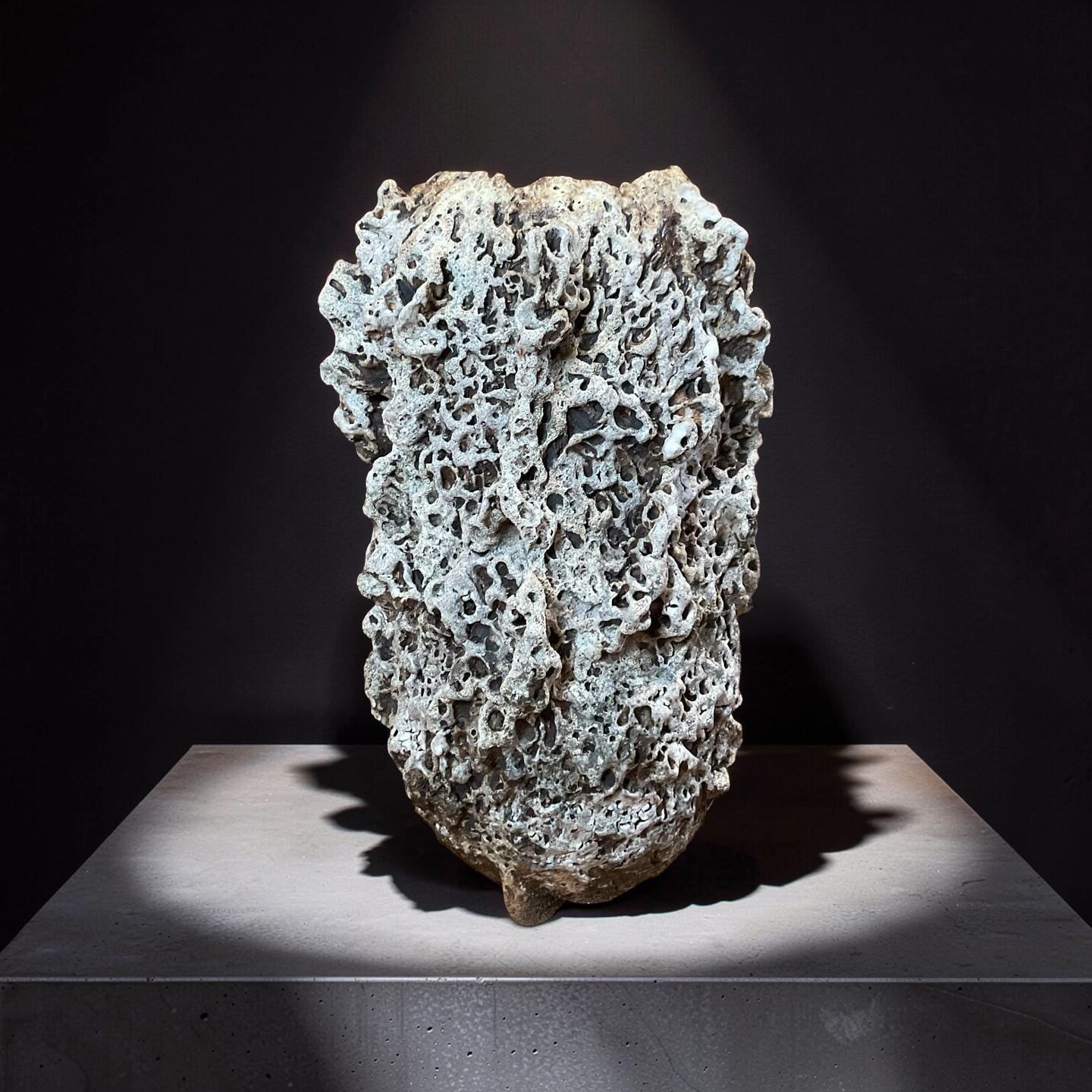 Handbuilt Ceramic Sculpture – Textured Earth Tones, Organic Form,White Lava Glaze