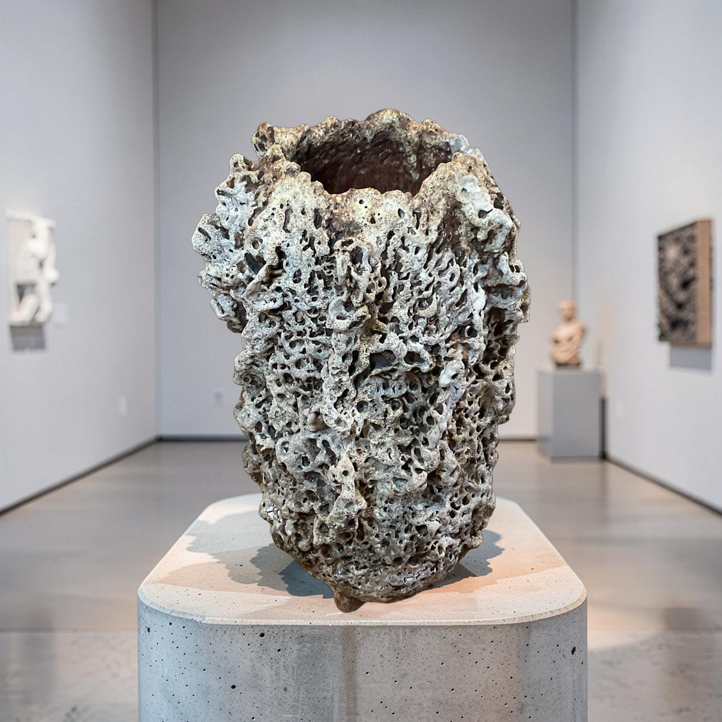 Handbuilt Ceramic Sculpture – Textured Earth Tones, Organic Form,White Lava Glaze