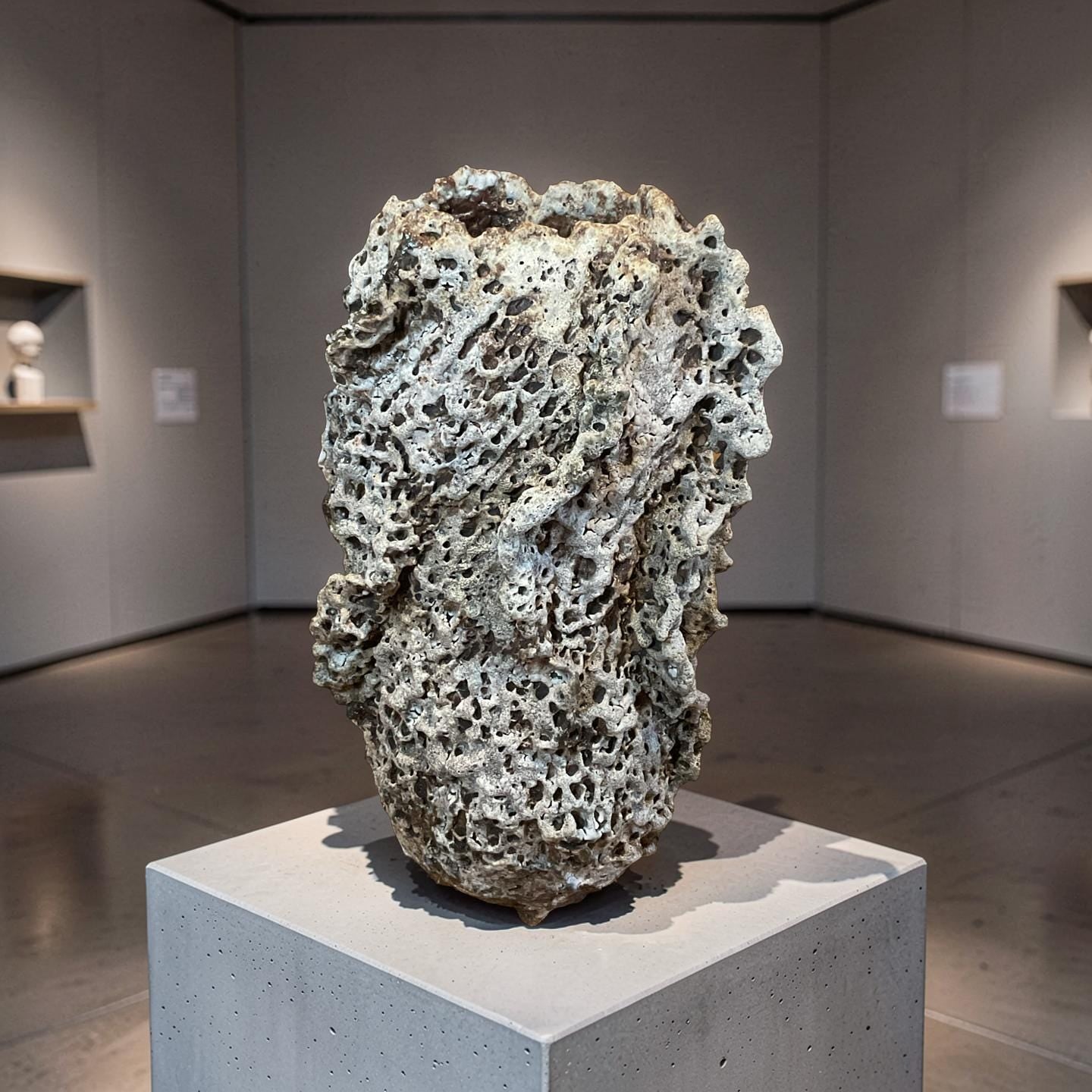 Handbuilt Ceramic Sculpture – Textured Earth Tones, Organic Form,White Lava Glaze