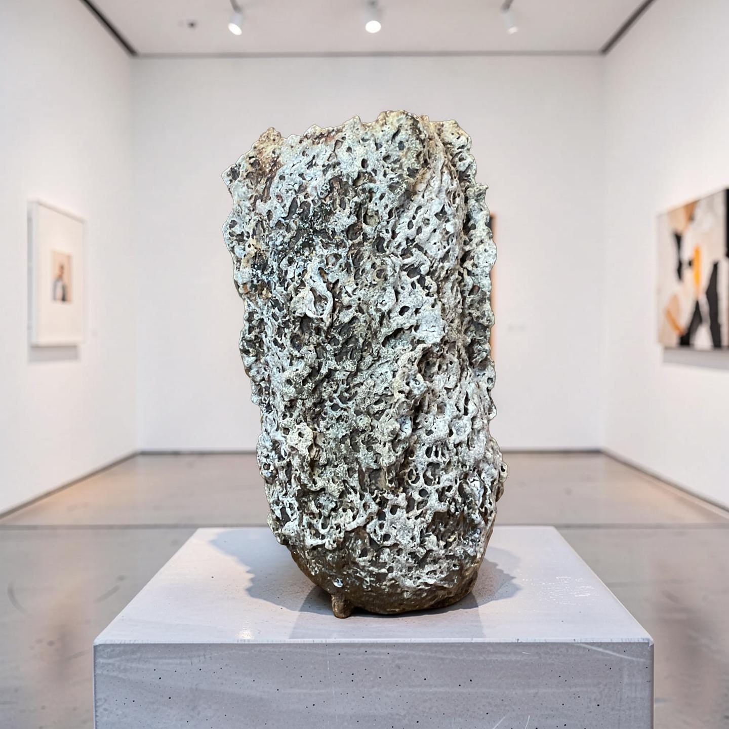Handbuilt Ceramic Sculpture – Textured Earth Tones, Organic Form,White Lava Glaze