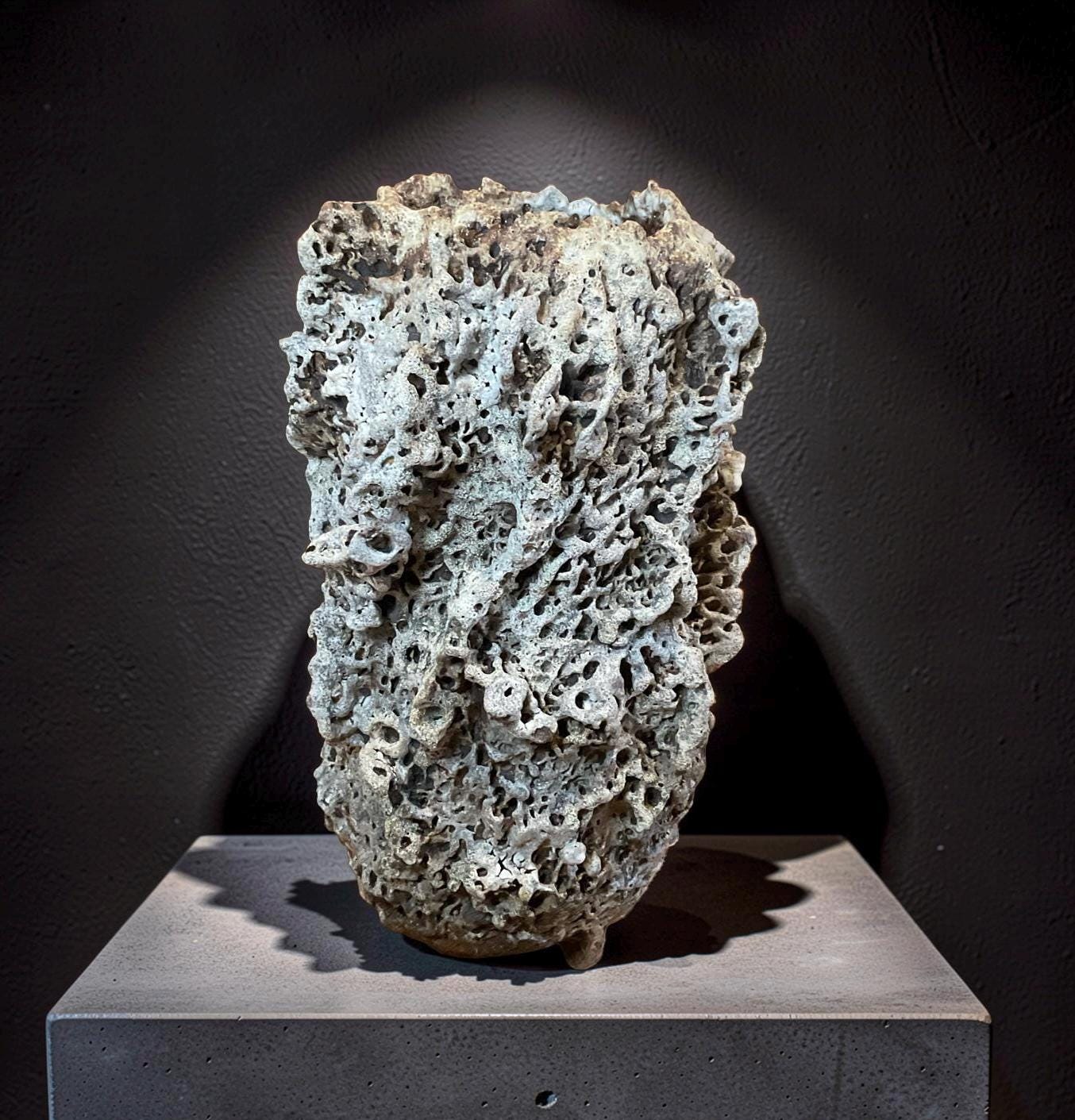 Handbuilt Ceramic Sculpture – Textured Earth Tones, Organic Form,White Lava Glaze