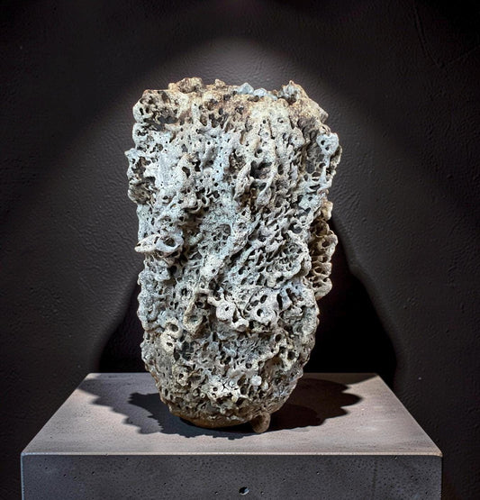 Handbuilt Ceramic Sculpture – Textured Earth Tones, Organic Form,White Lava Glaze