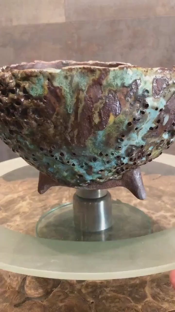 Handbuilt Ceramic Tripod Bowl with Volcanic Texture