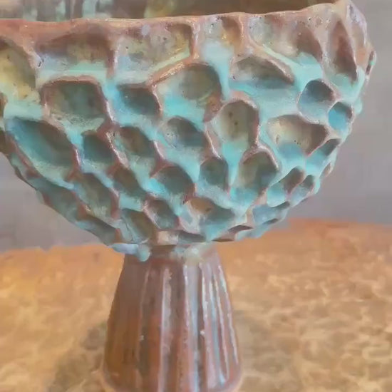 Handmade Ceramic Vase: Turquoise Bronze Rustic Honeycomb Texture