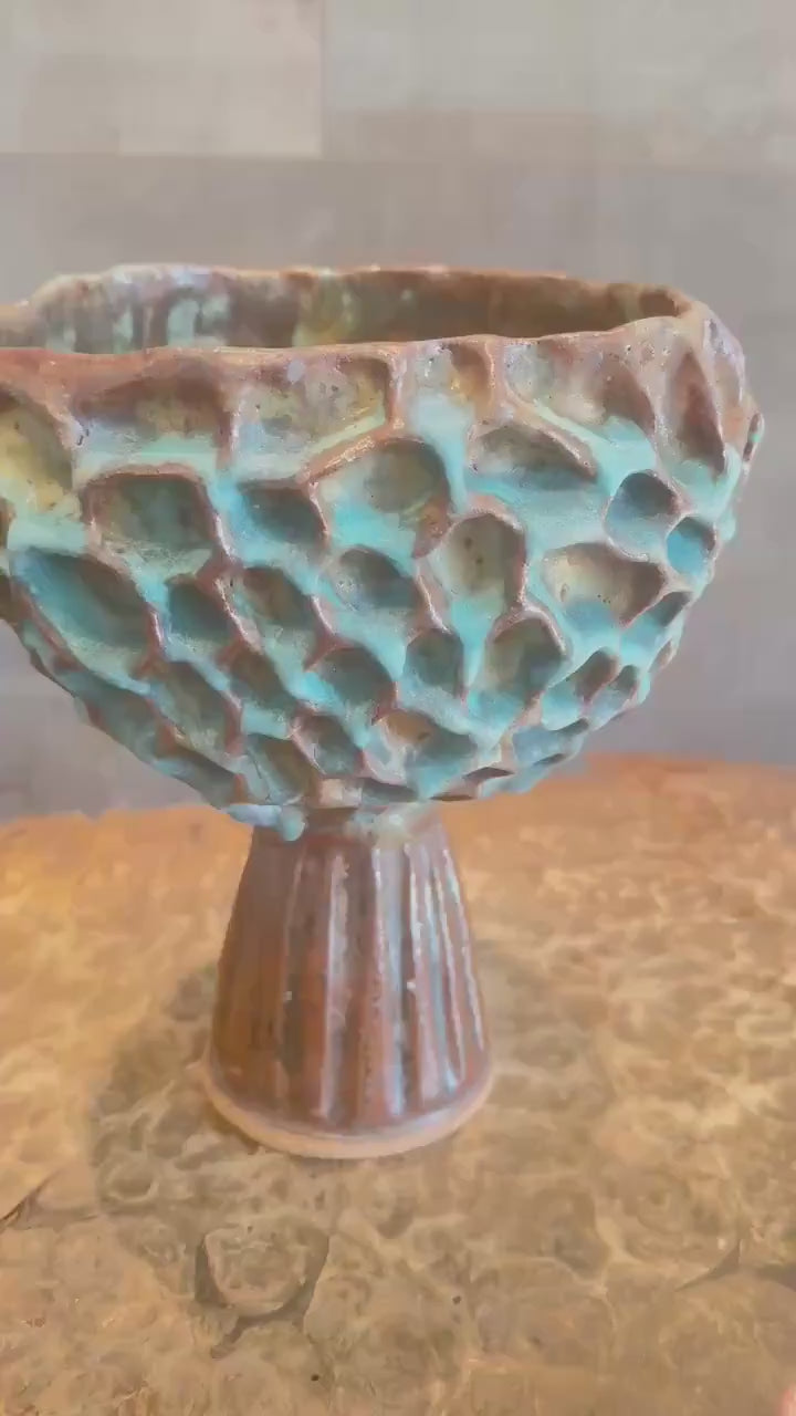 Handmade Ceramic Vase: Turquoise Bronze Rustic Honeycomb Texture