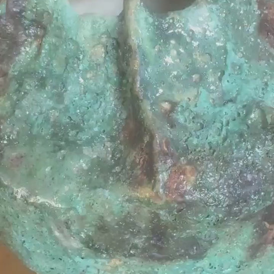 Handmade Textured Ceramic Sculpture, Volcanic Crater Surface, Turquoise Copper Patina Art Vessel