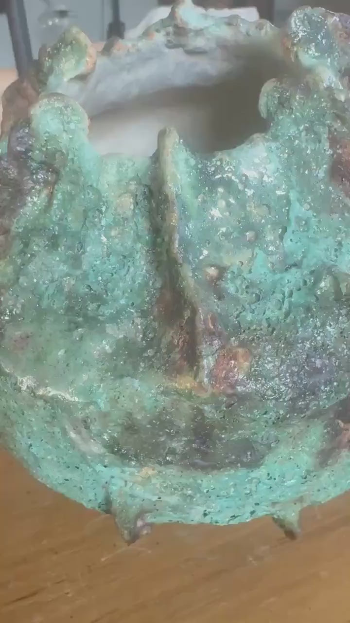 Handmade Textured Ceramic Sculpture, Volcanic Crater Surface, Turquoise Copper Patina Art Vessel