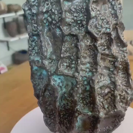 Hand-Built Art Ceramic Lava Bloom – Textured Ceramic Sculpture with Iridescent Blue Highlights