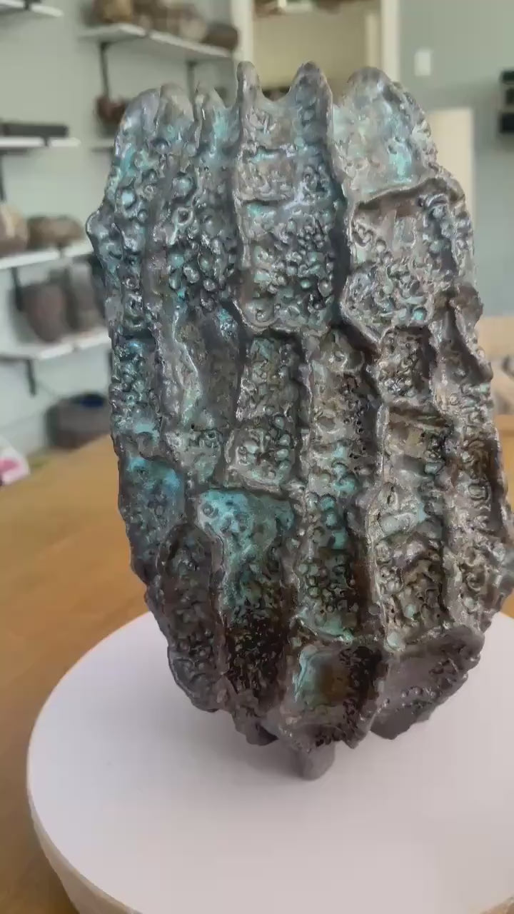 Hand-Built Art Ceramic Lava Bloom – Textured Ceramic Sculpture with Iridescent Blue Highlights